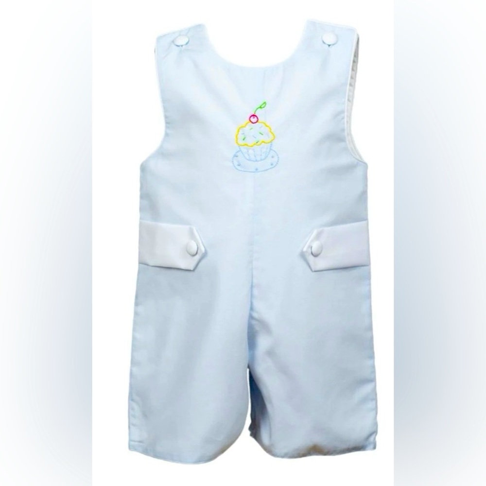 The Proper Peony Boy’s Sprinkles Cupcake Birthday Jon Jon in Blue, size 24 mo